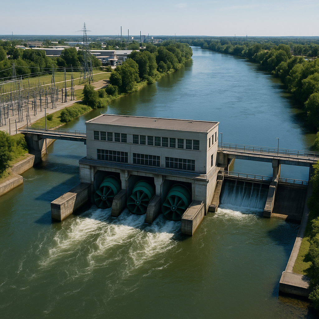 Aerial view of a modern hydropower facility situat